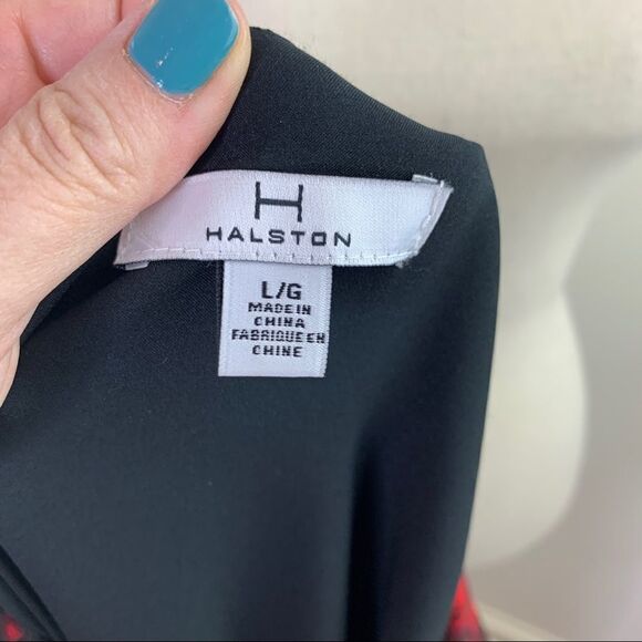 Halston Red/Black Short Sleeve Faux Wrap Dress Sz L - Picture 10 of 10